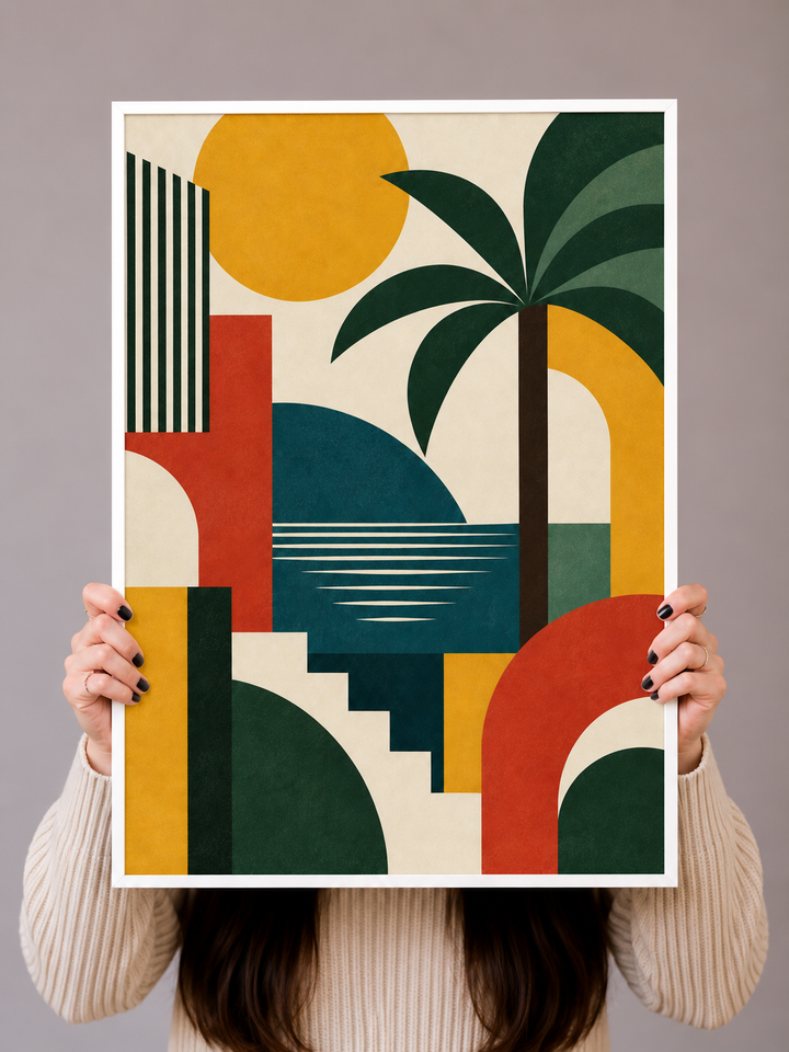 Bauhaus Palm Tree Art Print combining curved archways and botanical silhouettes in a structured composition