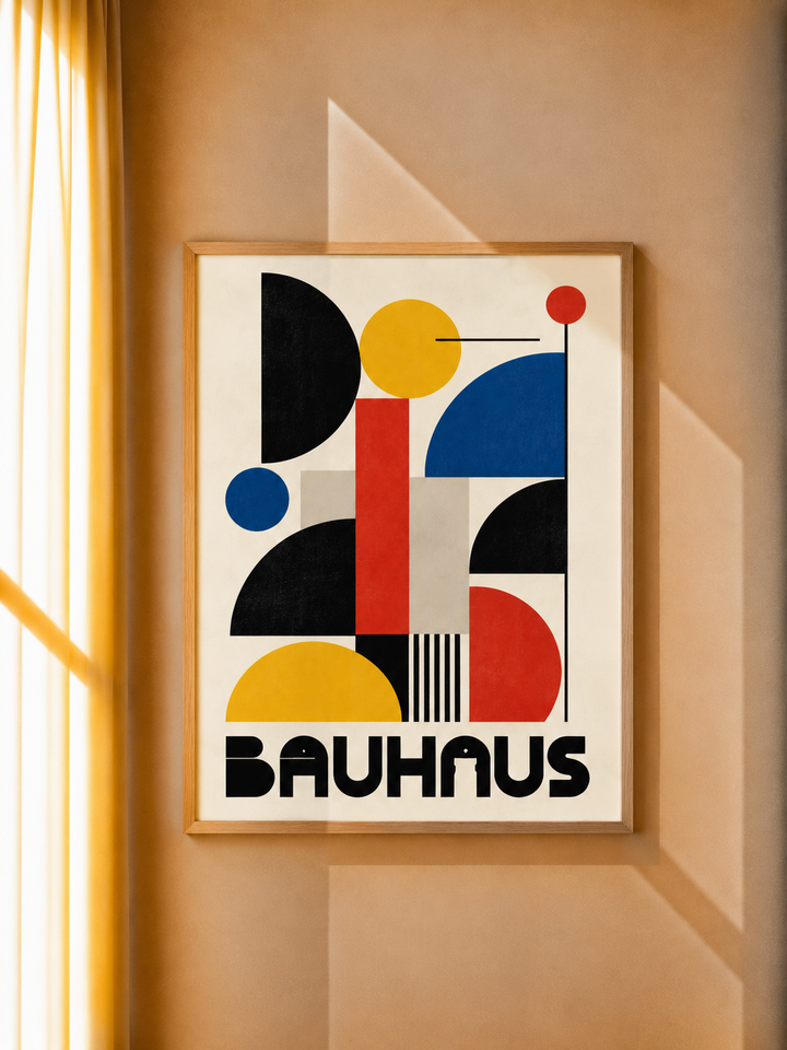 Bauhaus Abstract Art Print displayed in a warm contemporary interior with colorful graphic details