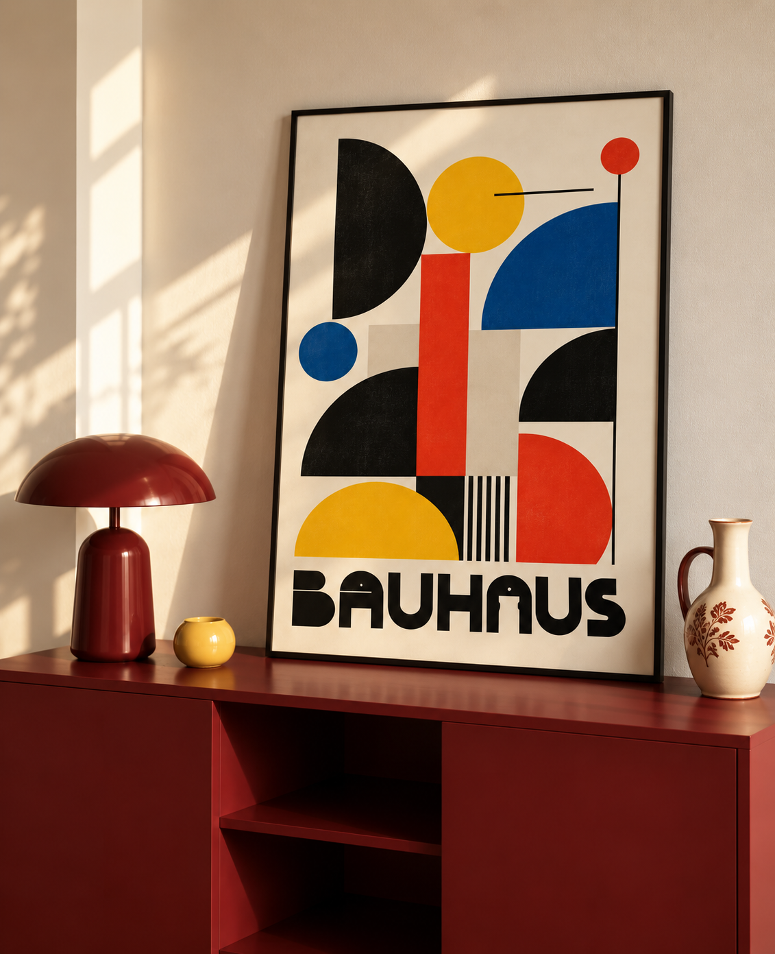 Bauhaus Abstract Art Print with bold red, blue and yellow geometric shapes on a cream background