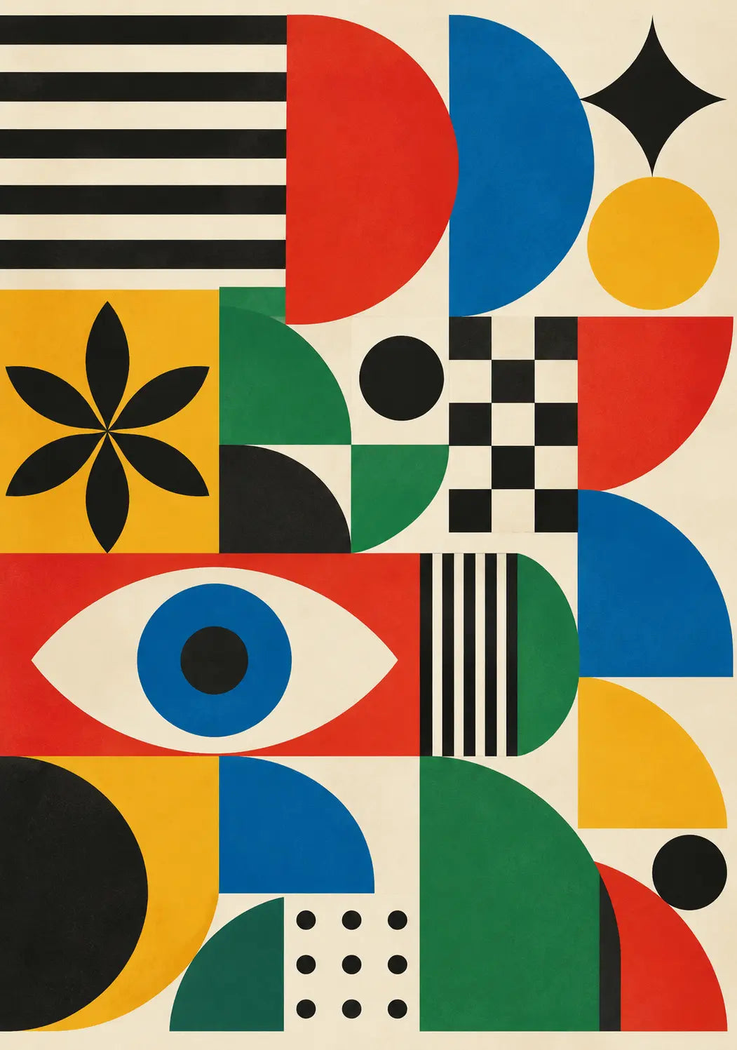 Bauhaus Graphic Art Print featuring checkerboard geometry, black linework and playful symbolic forms