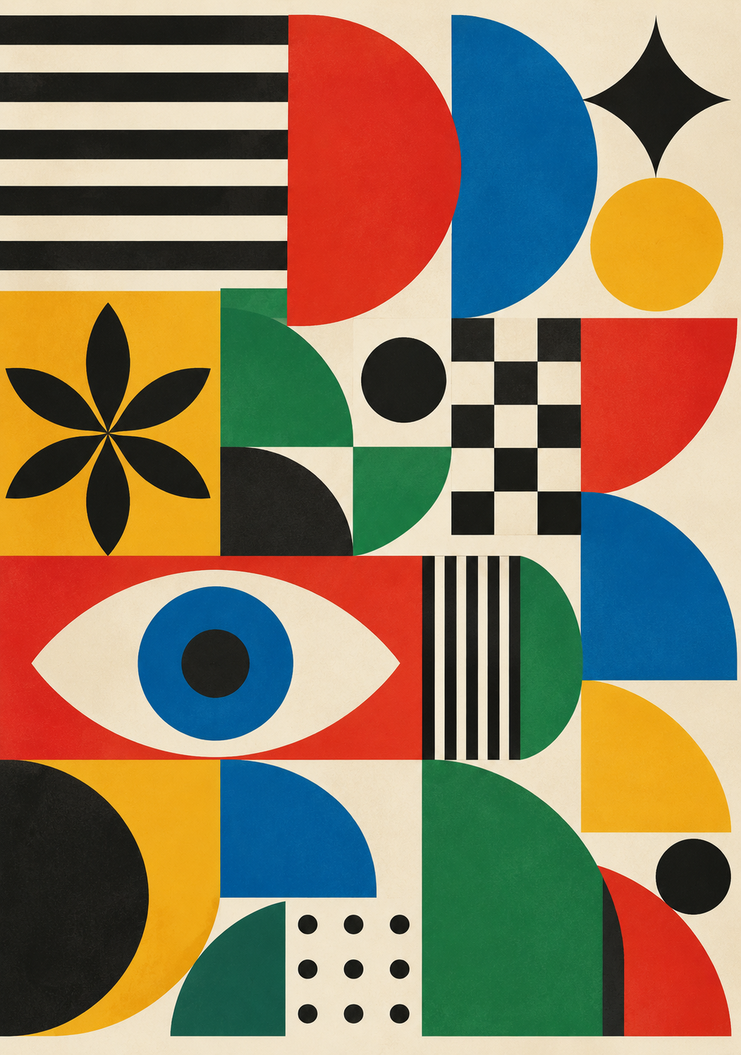Bauhaus Graphic Art Print featuring checkerboard geometry, black linework and playful symbolic forms