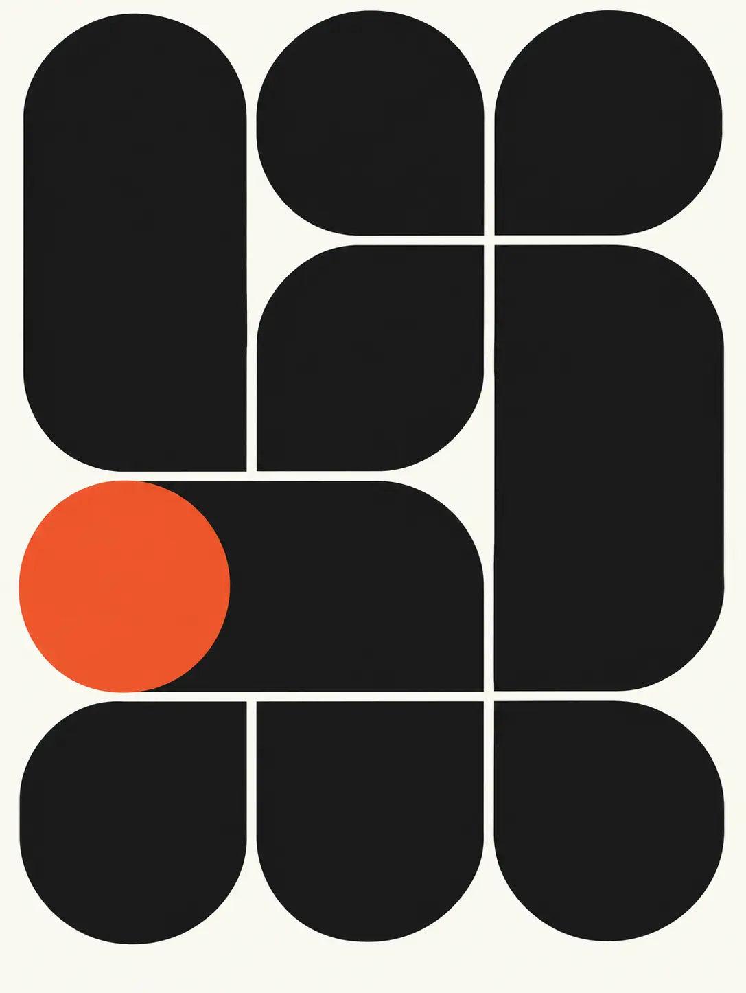 Bauhaus art print close-up: black rounded shapes on white with grid lines and orange circle.