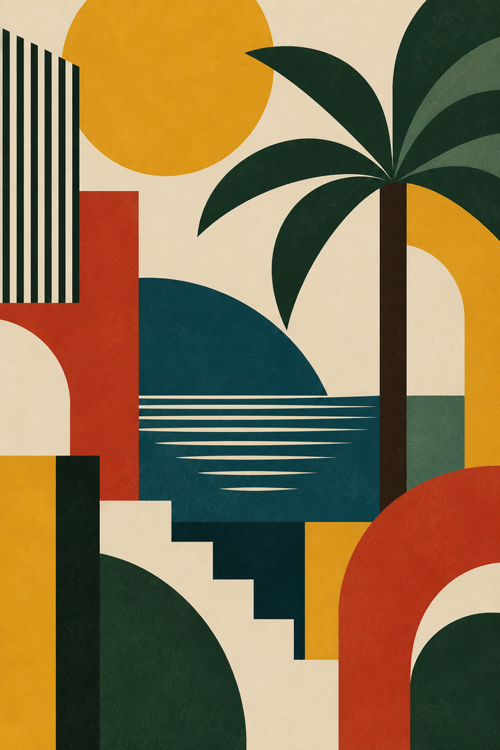 Bauhaus Palm Tree Art Print displayed in a warm interior with bold red, green and yellow graphic forms