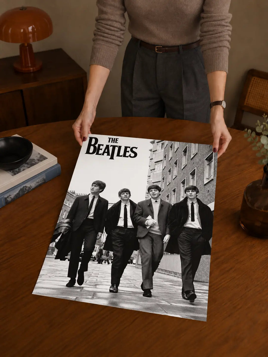 The Beatles Black and White Music Legends Poster featuring four band members in suits with bold vintage music styling