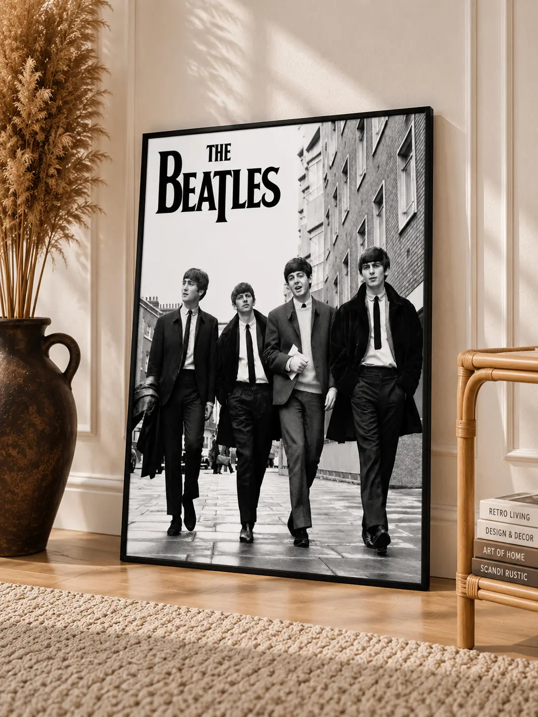 Black-framed black-and-white Beatles music legends poster with group walking