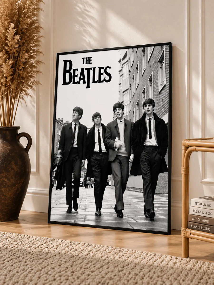 The Beatles Black and White Music Legends Poster presented in a slim black frame for a bold monochrome music wall display