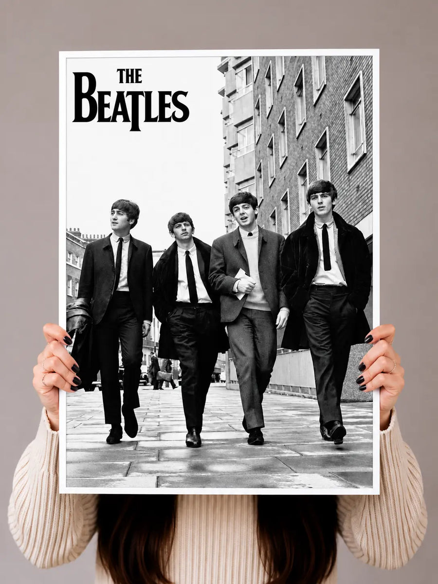 The Beatles Black and White Music Legends Poster styled in a clean white frame for a bright contemporary music inspired interior