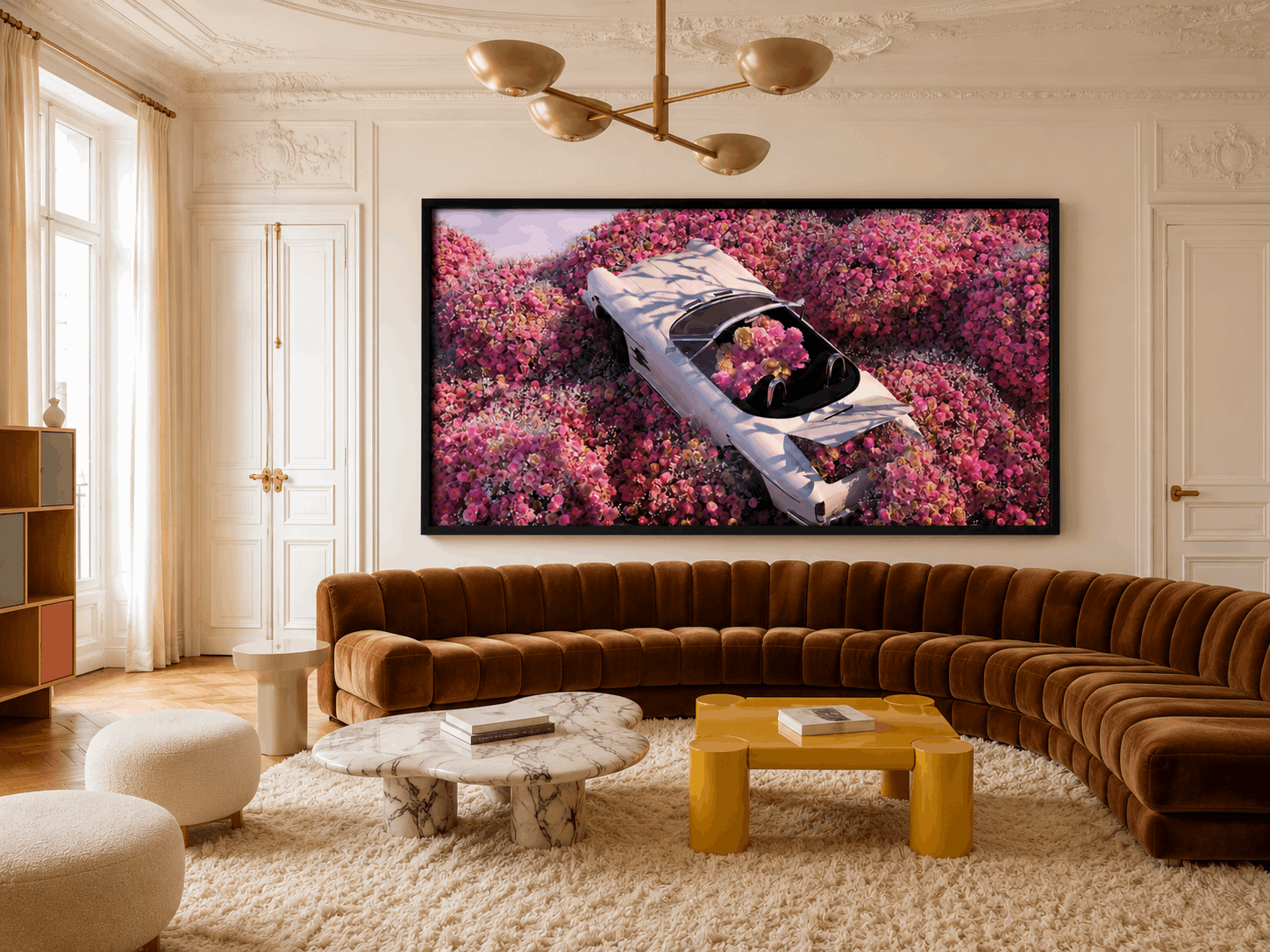Framed floral wall art print with light-blue car in pink flower field
