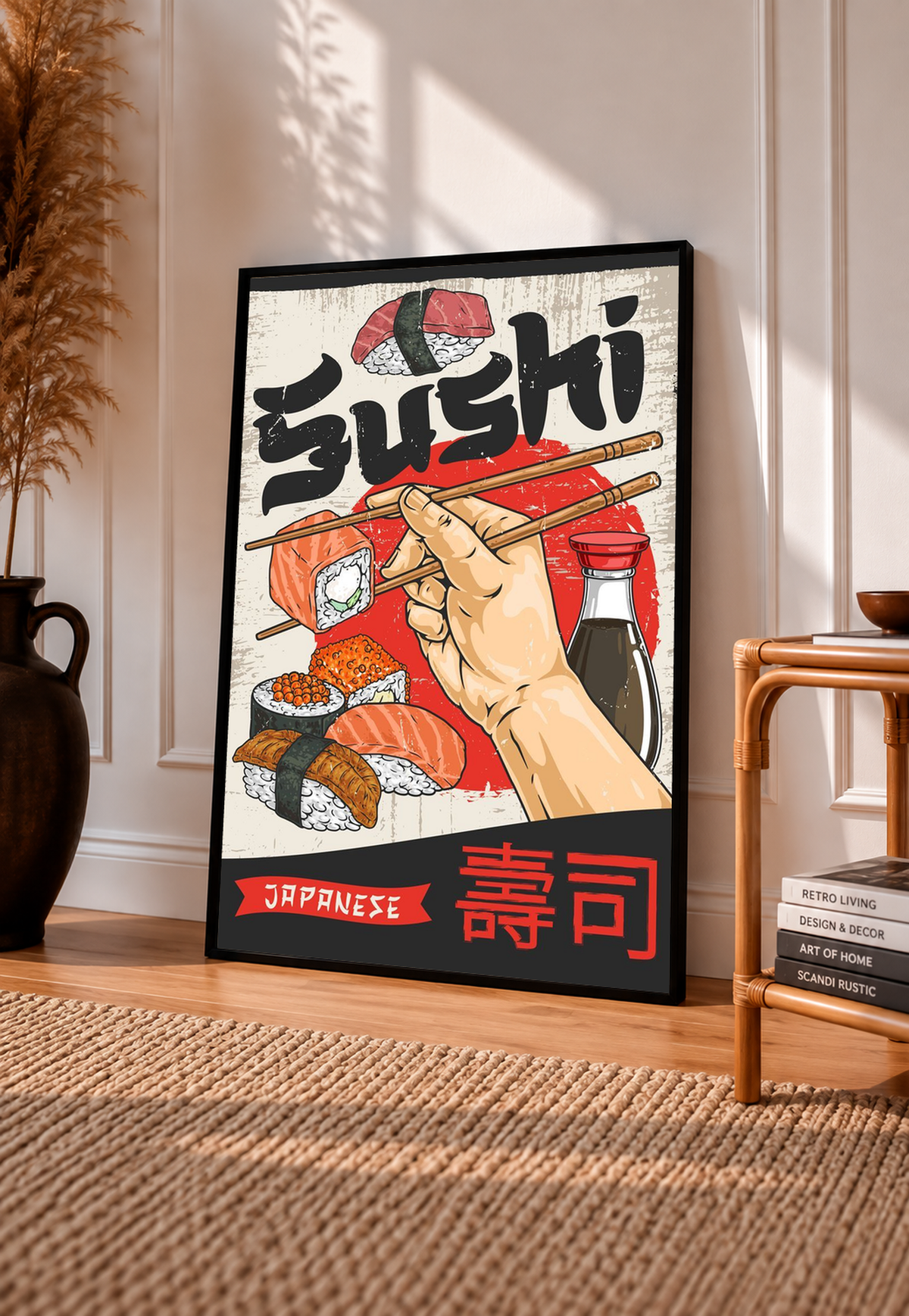 Framed sushi wall art featuring chopsticks holding nigiri, red soy sauce bottle, Japanese text