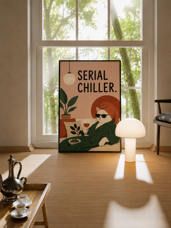 Framed cat art print with orange cat holding a drink, green plants, and “Serial Chiller” text