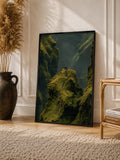 Framed green valley art print with mossy cliffs and small hikers on a ridge