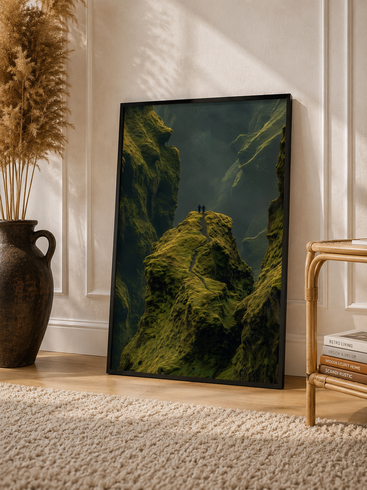 Misty Green Valley Art Print featuring lush green cliffs, deep valleys and atmospheric mountain scenery