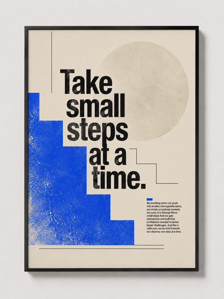 Framed typographic wall art with blue gradient blocks and beige circle, quote design.