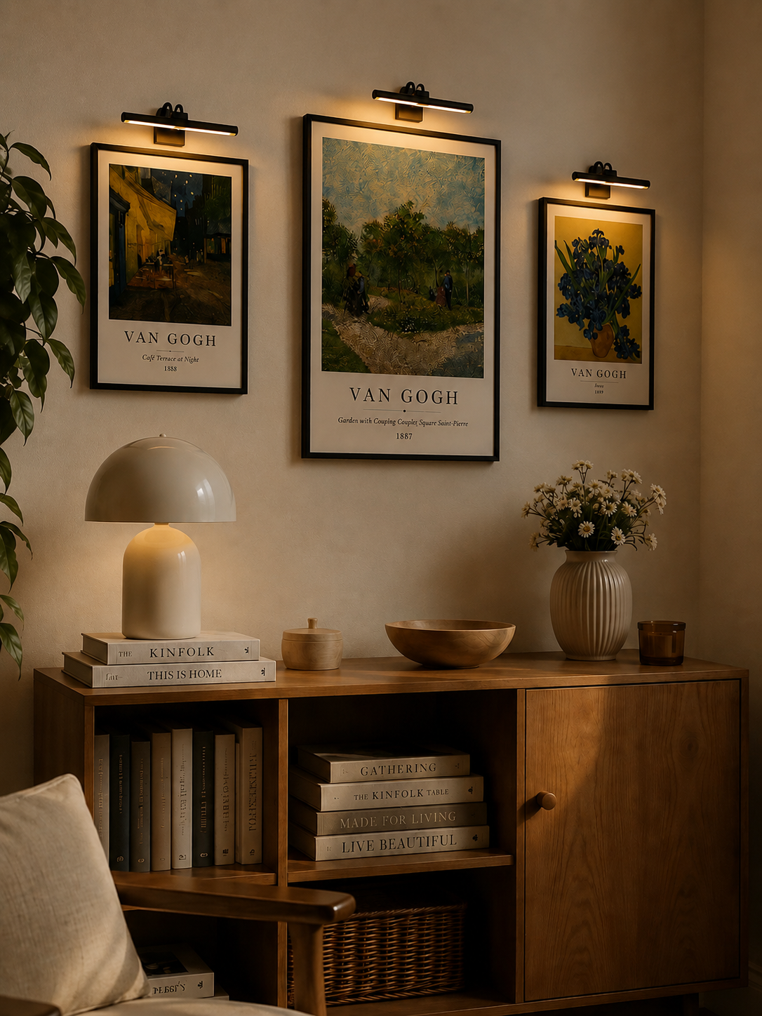 Minimalist picture light highlights framed wall art while complementing a modern living room interior.
