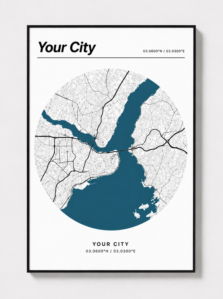 Personalized City Map Wall Art presented in a slim black frame with a clean contemporary finish.