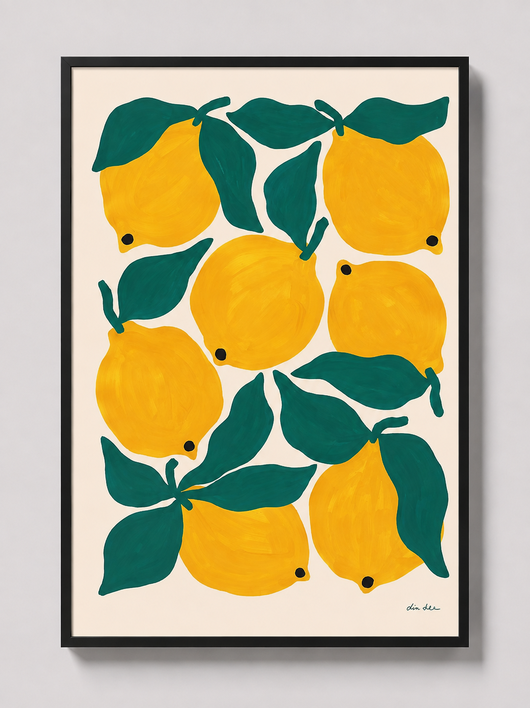 Framed lemon and green leaf art print with yellow fruit, black frame