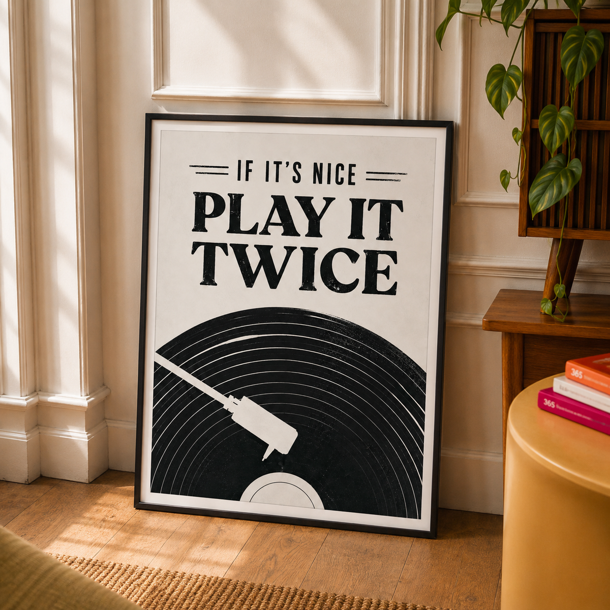 Play It Twice Music Art Print featuring bold typography, vinyl grooves and a record player tonearm