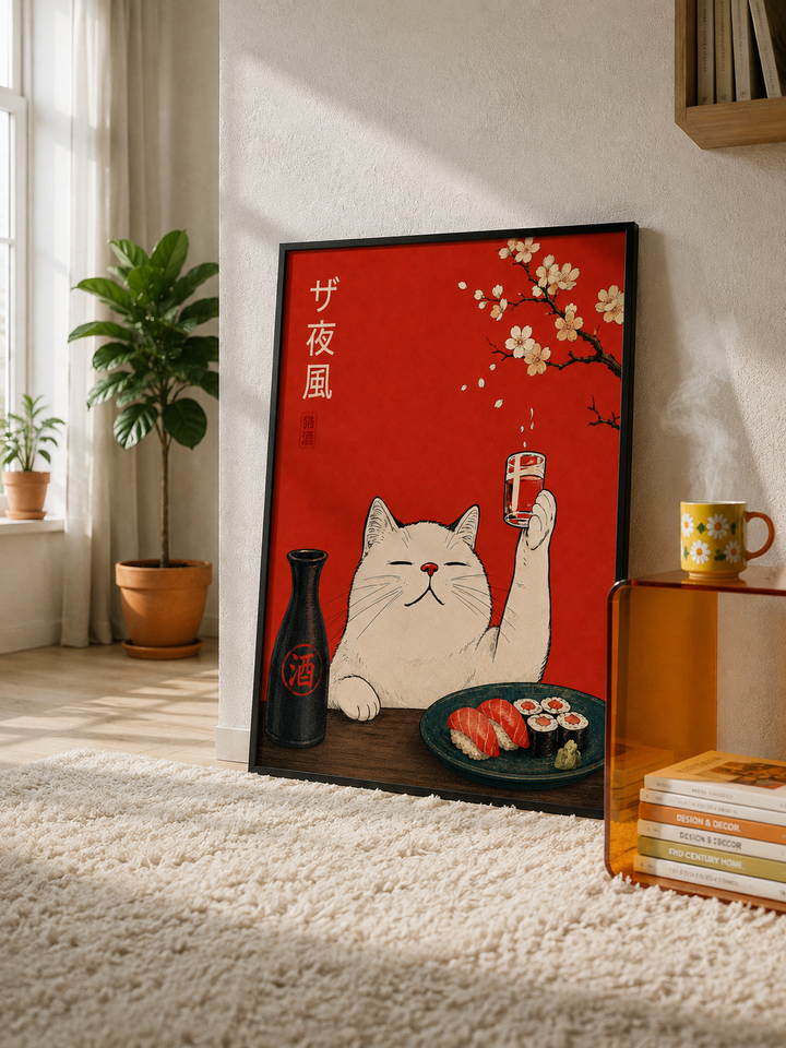 Japanese Cat Ramen Art Print featuring a white cat, red background and Japanese food inspired details