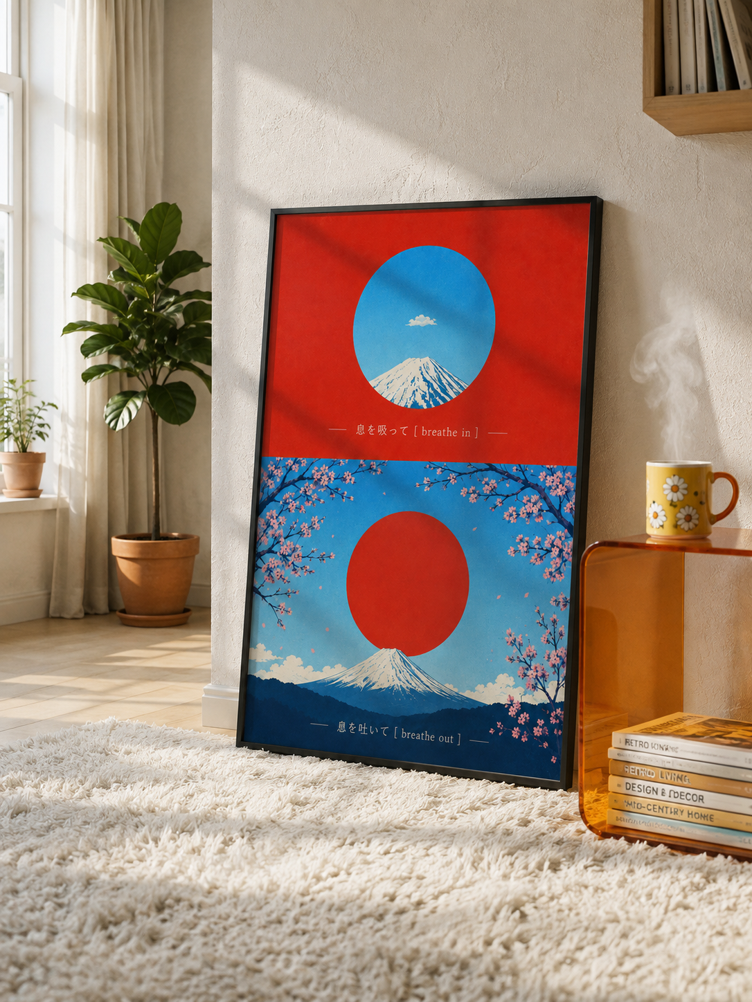 Red Sun Japanese Landscape Art Print featuring blue waves, mountain scenery and a bold red sun