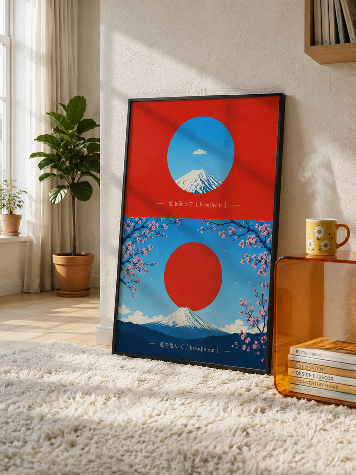 Red Sun Japanese Landscape Art Print featuring blue waves, mountain scenery and a bold red sun