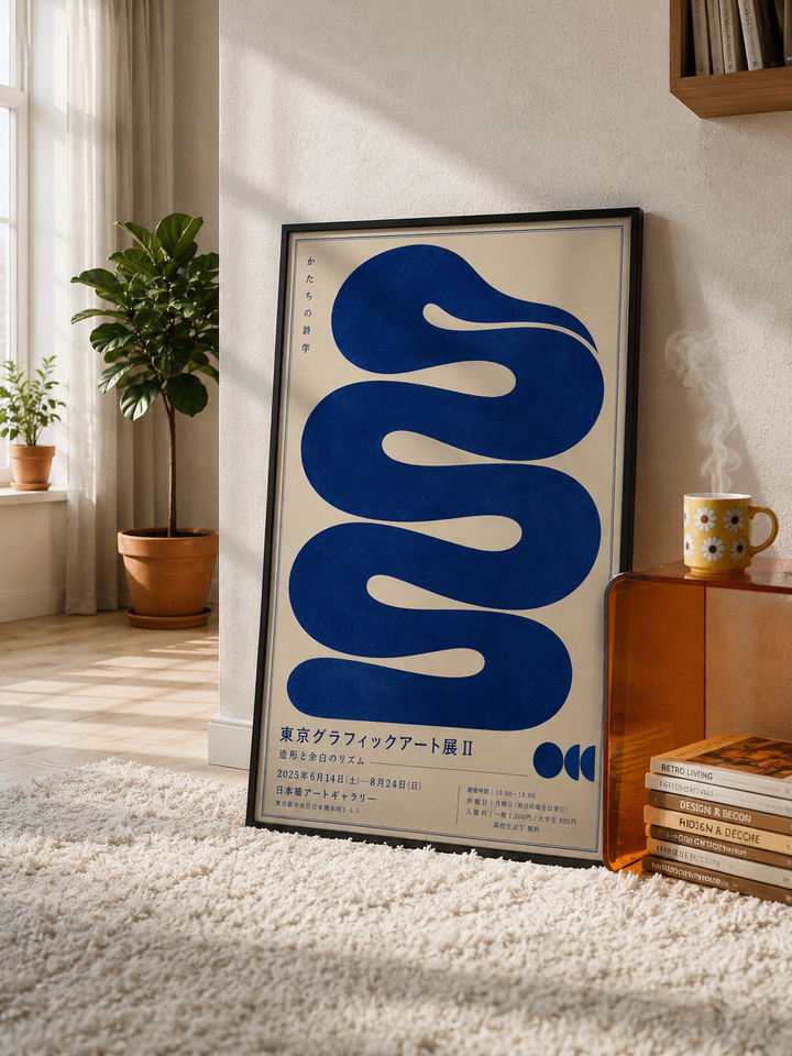 Blue Wave Abstract Art Print featuring a flowing cobalt blue form on a warm neutral background