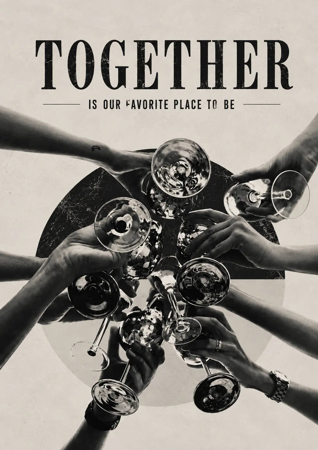 Typography art print close-up with 'TOGETHER' text and black-and-white raised champagne glasses