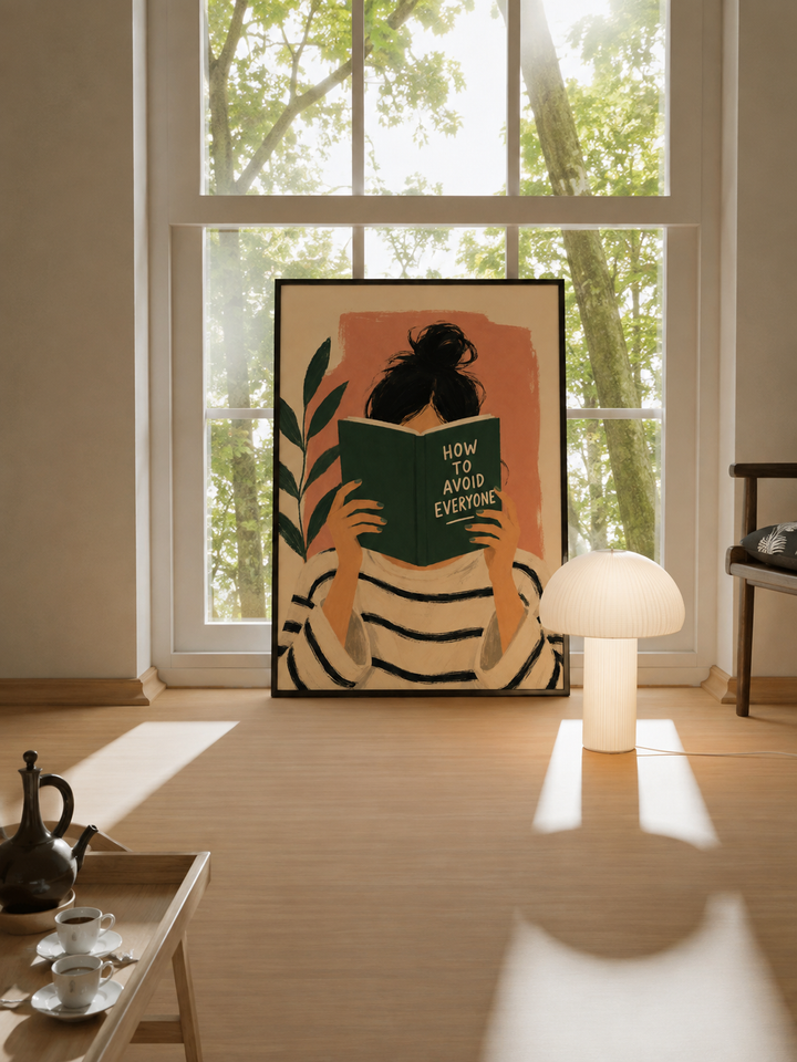 Framed wall art print of a reading figure holding a green book, black hair, orange backdrop