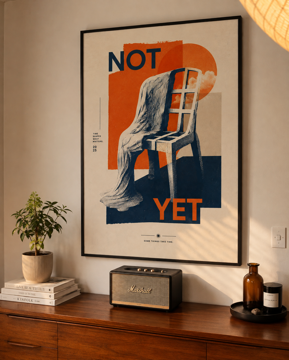Framed retro wall art poster with abstract chair, “NOT” and “YET”, black frame