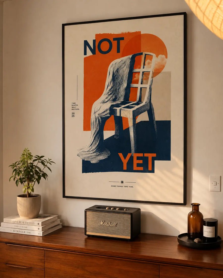 Framed retro wall art poster with abstract chair, “NOT” and “YET”, black frame