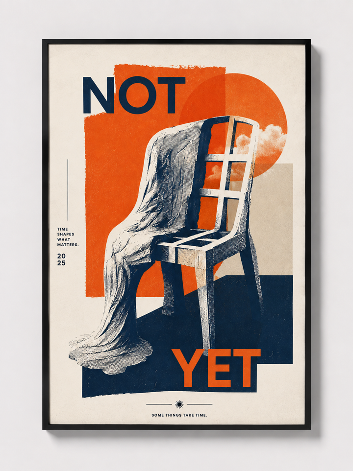 Framed retro wall art print with abstract chair silhouette, “NOT” and “YET”, black border