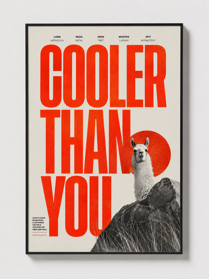 Framed wall art poster with red "COOLER THAN YOU" text and llama on rocks