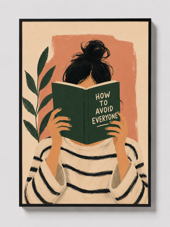 Framed wall art print close-up: reading figure holding a green book with leafy details
