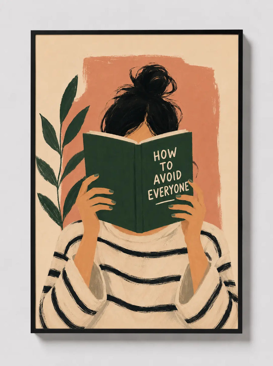 Framed wall art print close-up: reading figure holding a green book with leafy details