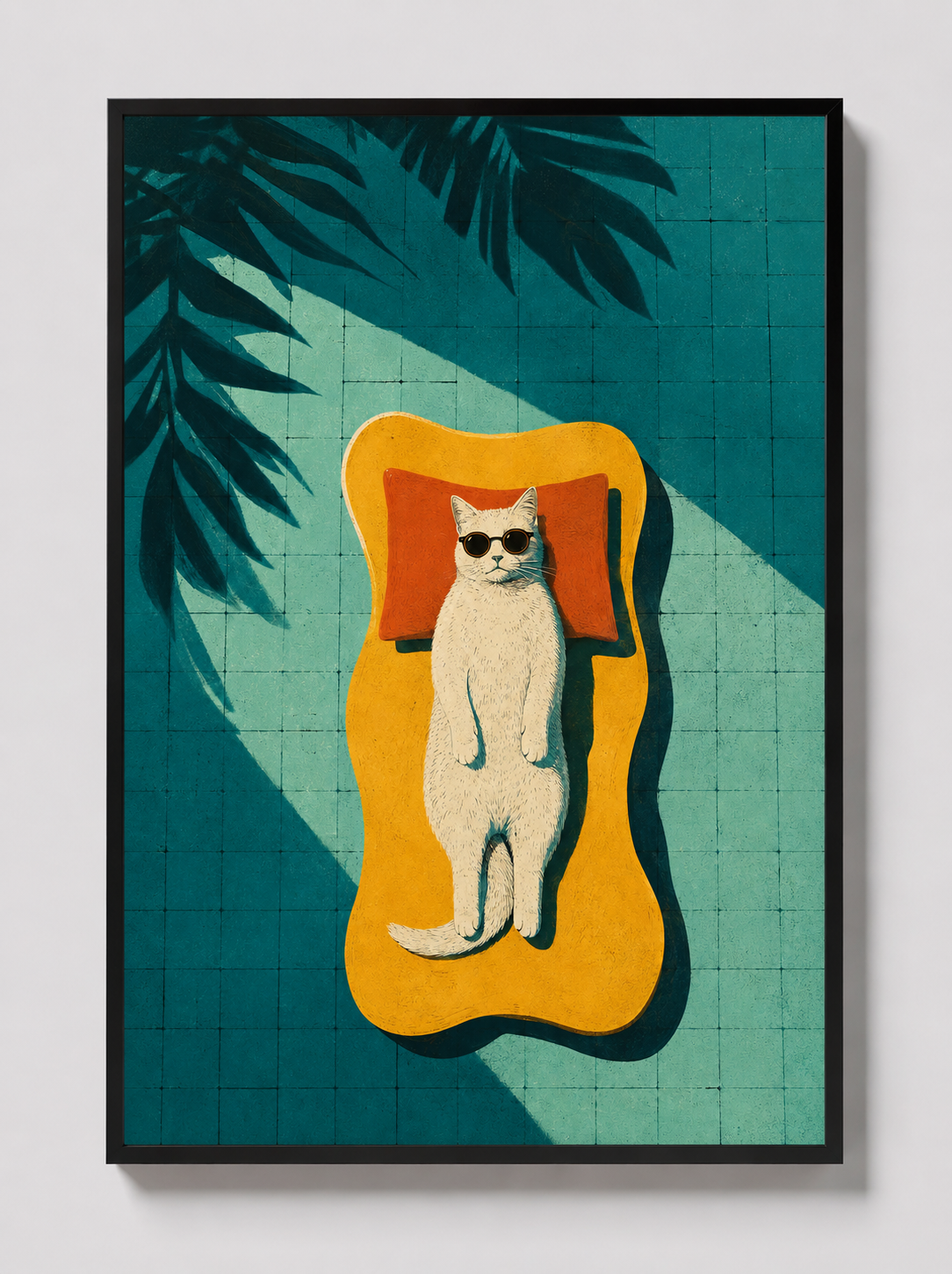 Framed cat art print with teal background, orange abstract mat, and sunglasses cat