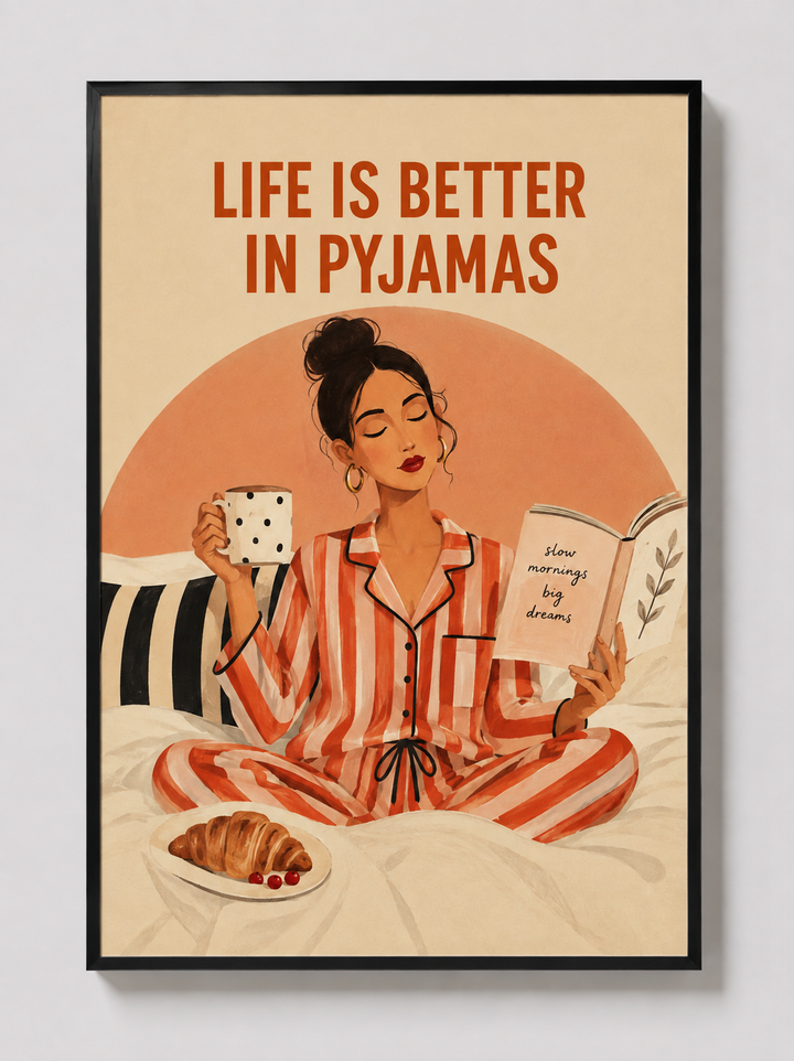 Framed wall art poster with woman in striped pajamas, text “Life is Better in Pyjamas”