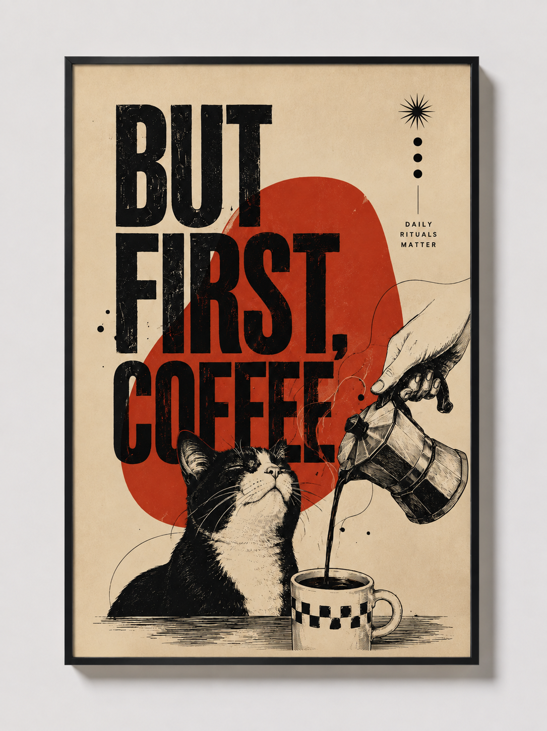 Black-framed wall art poster with 'But First Coffee' text and cat holding a coffee mug