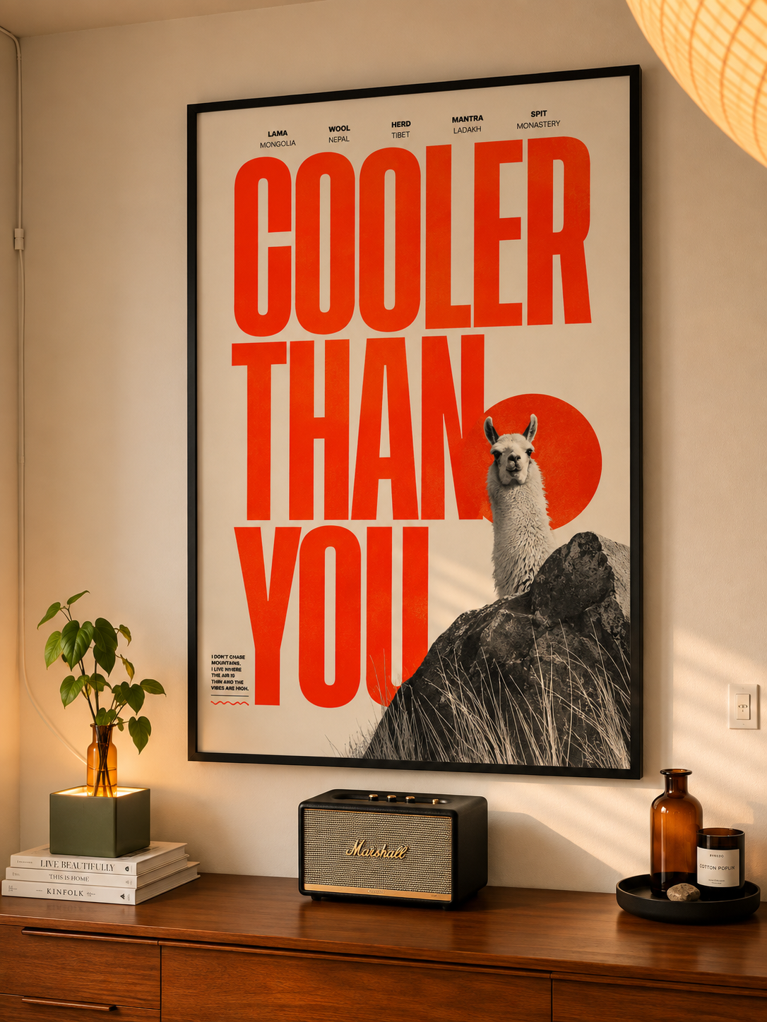 Framed wall art poster with red "COOLER THAN YOU" typography and llama on rocks