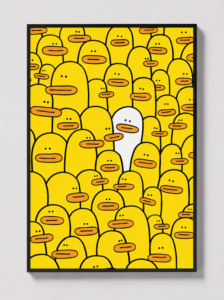 Yellow character-face graphic wall art in a black frame.