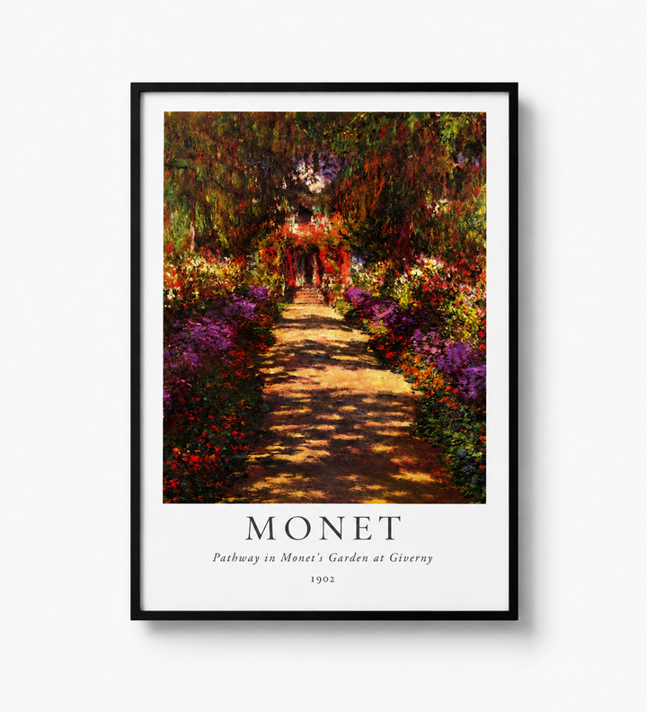 Framed garden pathway art print with colorful trees and a path, black border