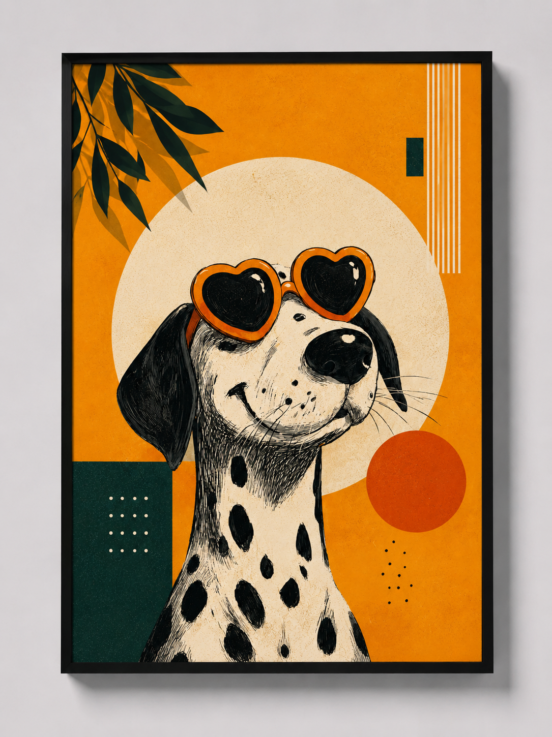 Framed dalmatian art print with orange abstract background and heart goggles