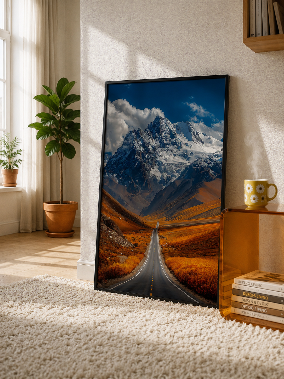 Mountain Road Art Print featuring an open road leading toward dramatic snow covered mountain peaks