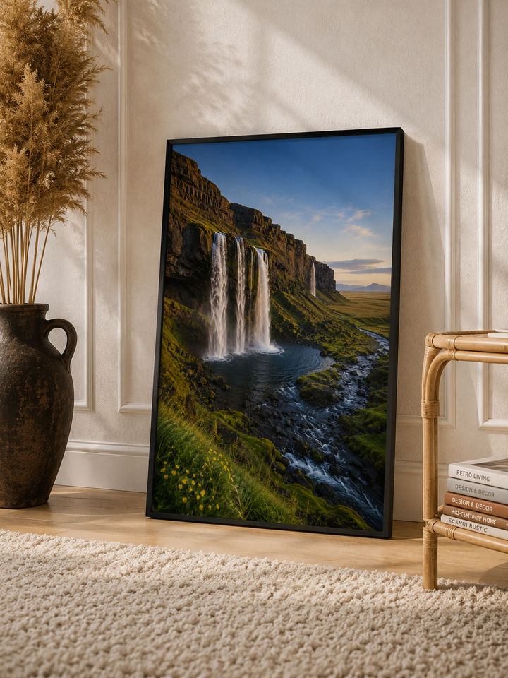Mountain Waterfall Art Print featuring cascading falls, rocky cliffs and a lush green alpine valley