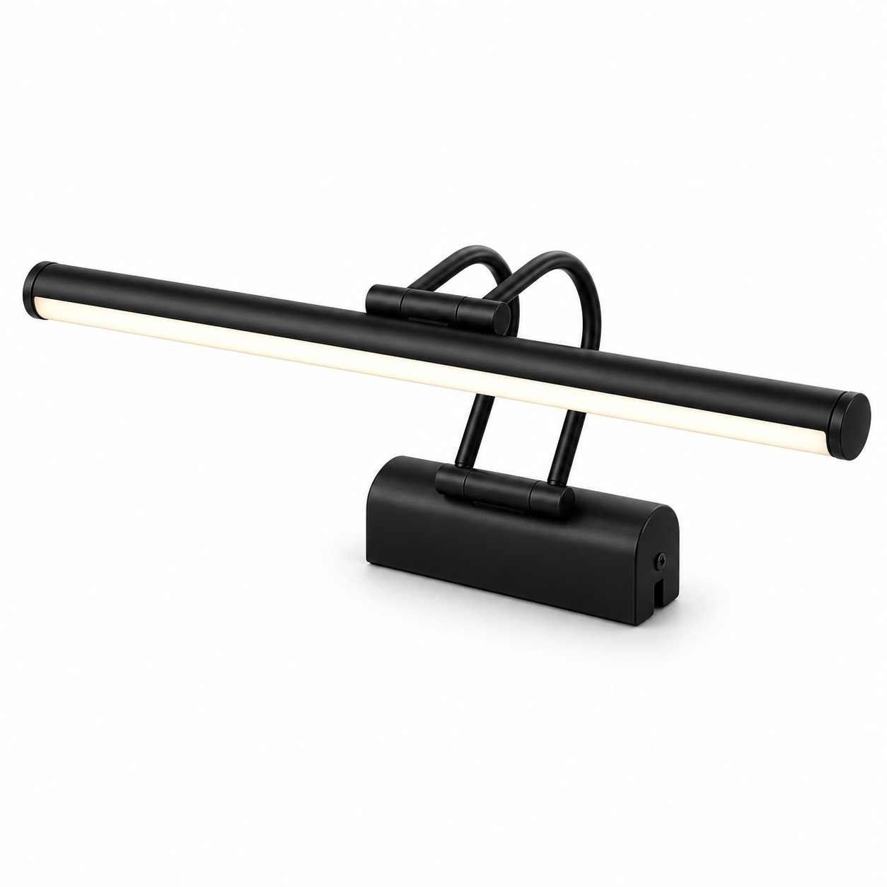 Modern black picture light features an adjustable lamp head designed to illuminate framed wall decor.