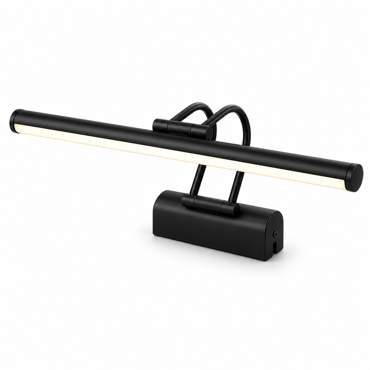 Modern black picture light features an adjustable lamp head designed to illuminate framed wall decor.