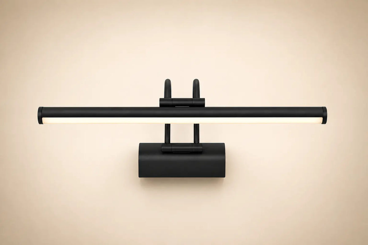 Black horizontal bar wall light with centered backplate and two mounting caps