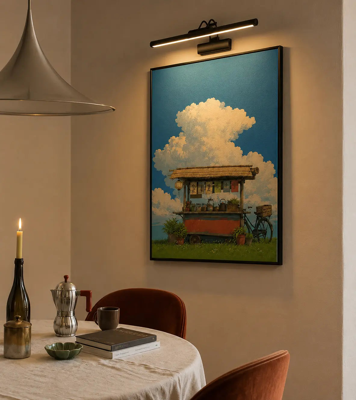 Black wall light bar above framed artwork with warm gold-toned glow, stainless metal