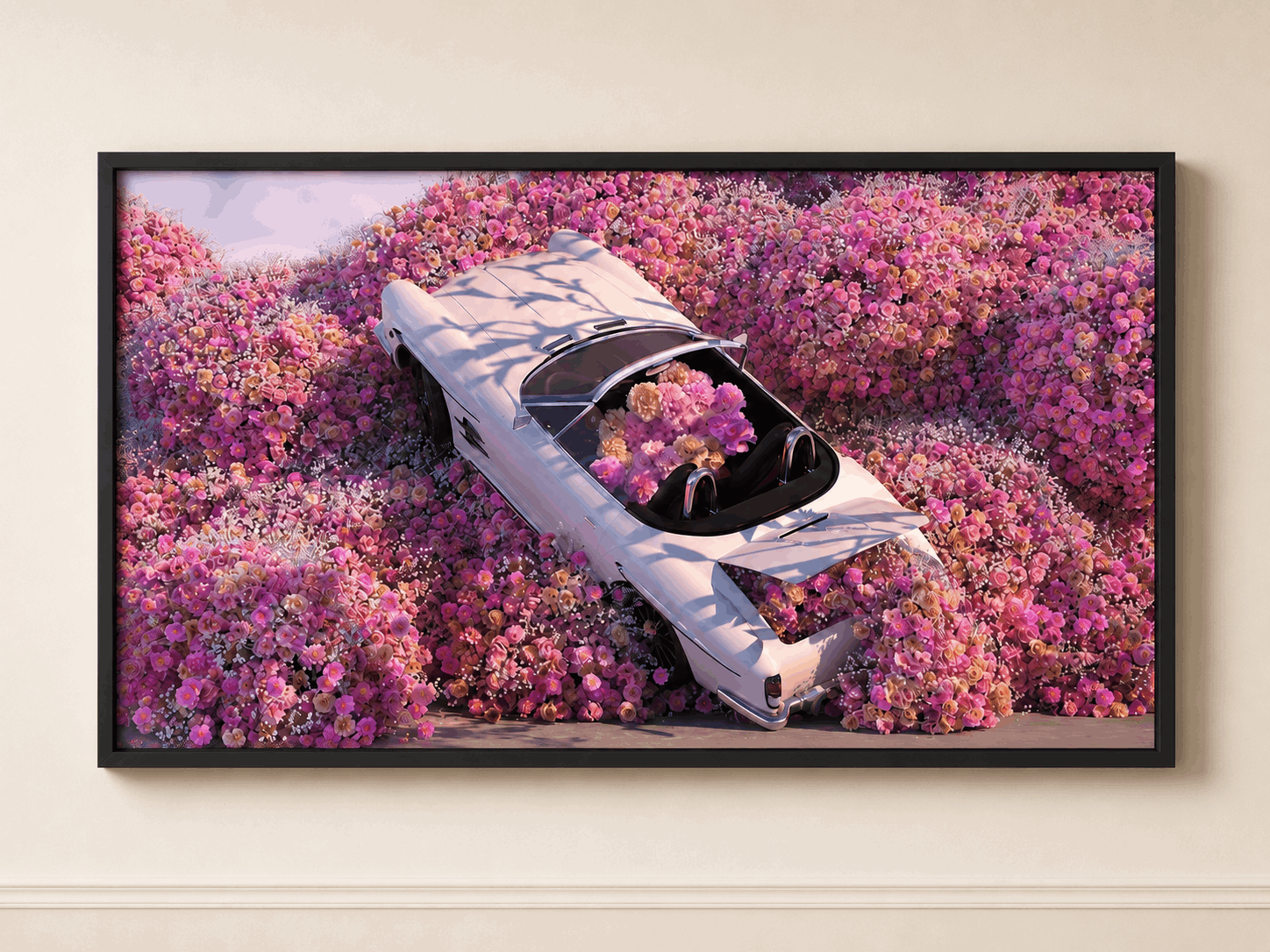 Framed floral wall art featuring light-blue car on pink flower background