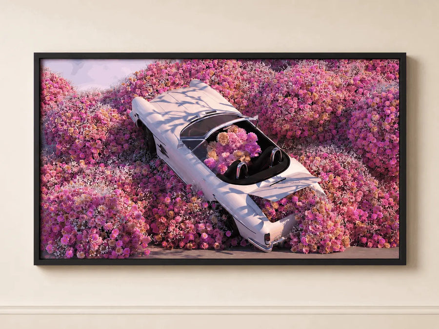 Framed floral wall art featuring light-blue car on pink flower background
