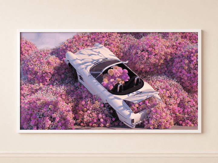 Framed floral wall art with light-blue car angled in pink blossoms