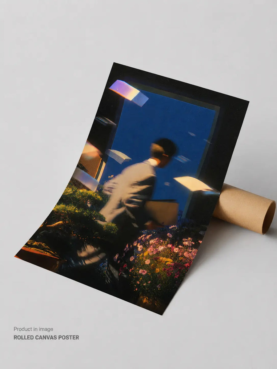 Rolled canvas print with a blue scene showing a person, flowers, and glowing lights